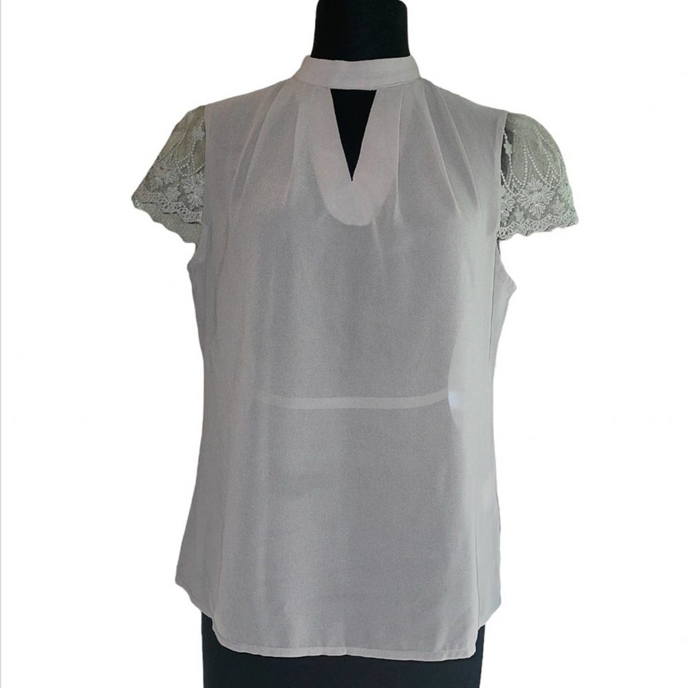Sheer Light Grey Blouse with Lace Cap Sleeves - Size Med